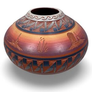 Mesa Verde Pottery Navajo Rockwell Hand Etched Sunset Seed Pot Vase 7in Diameter
